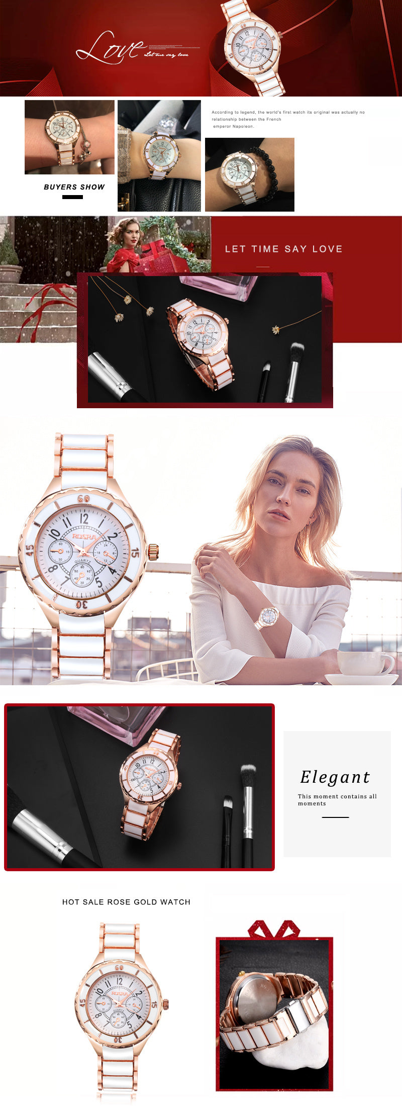 Montre femme rose doré, luxe décontractée, à quartz