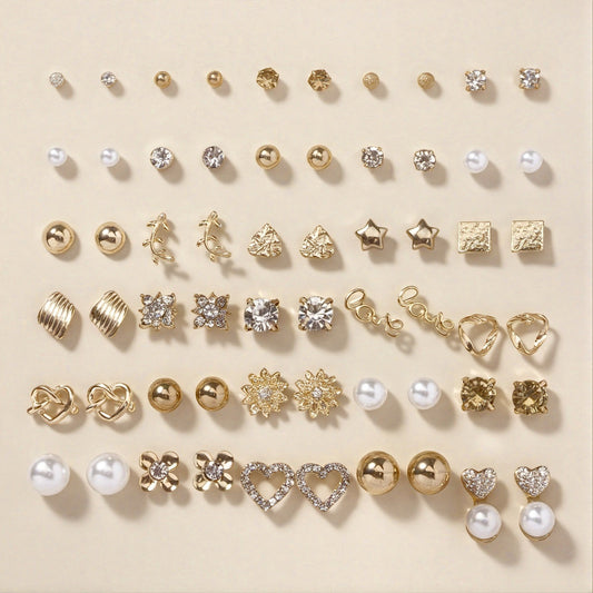 Un ensemble de 30 paires de boucles d'oreilles élégantes en alliage, en forme de cœur, ornées de fausses pierres précieuses et de lettres. (Style Or et/ou Argent)