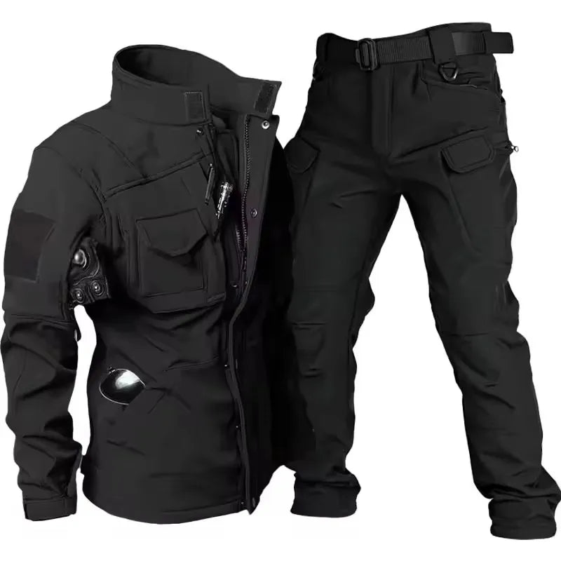 Ensemble tactique imperméable en peau de requin pour homme : veste de combat épaisse en polaire + pantalon cargo chaud coupe-vent (2 pièces).