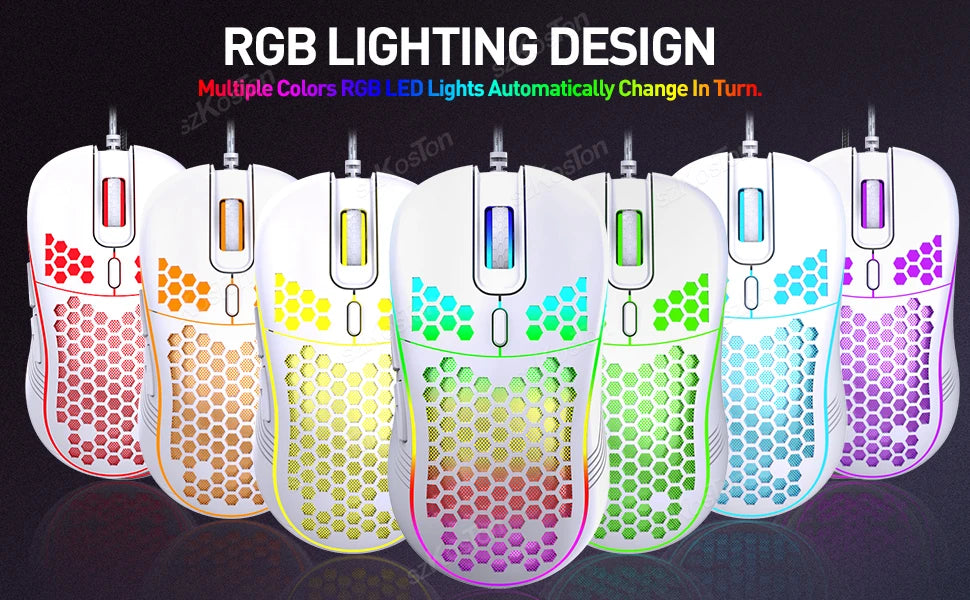 Souris gaming avec ou sans Fil Honeycomb, rétroéclairage RGB, 7200 DPI réglable, ergonomique, USB, pour PC et ordinateurs portables Windows.