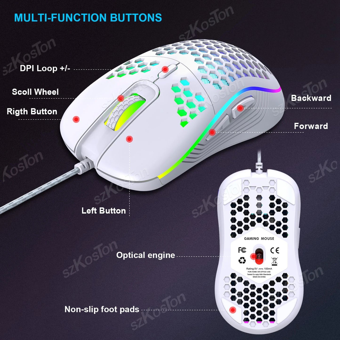 Souris gaming avec ou sans Fil Honeycomb, rétroéclairage RGB, 7200 DPI réglable, ergonomique, USB, pour PC et ordinateurs portables Windows.