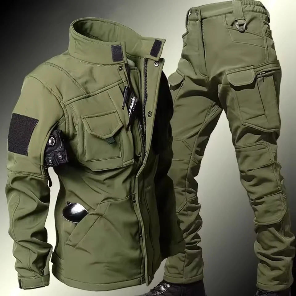 Ensemble tactique imperméable en peau de requin pour homme : veste de combat épaisse en polaire + pantalon cargo chaud coupe-vent (2 pièces).
