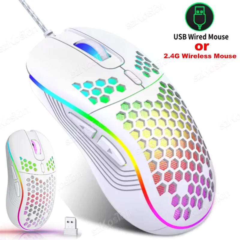 Souris gaming avec ou sans Fil Honeycomb, rétroéclairage RGB, 7200 DPI réglable, ergonomique, USB, pour PC et ordinateurs portables Windows.