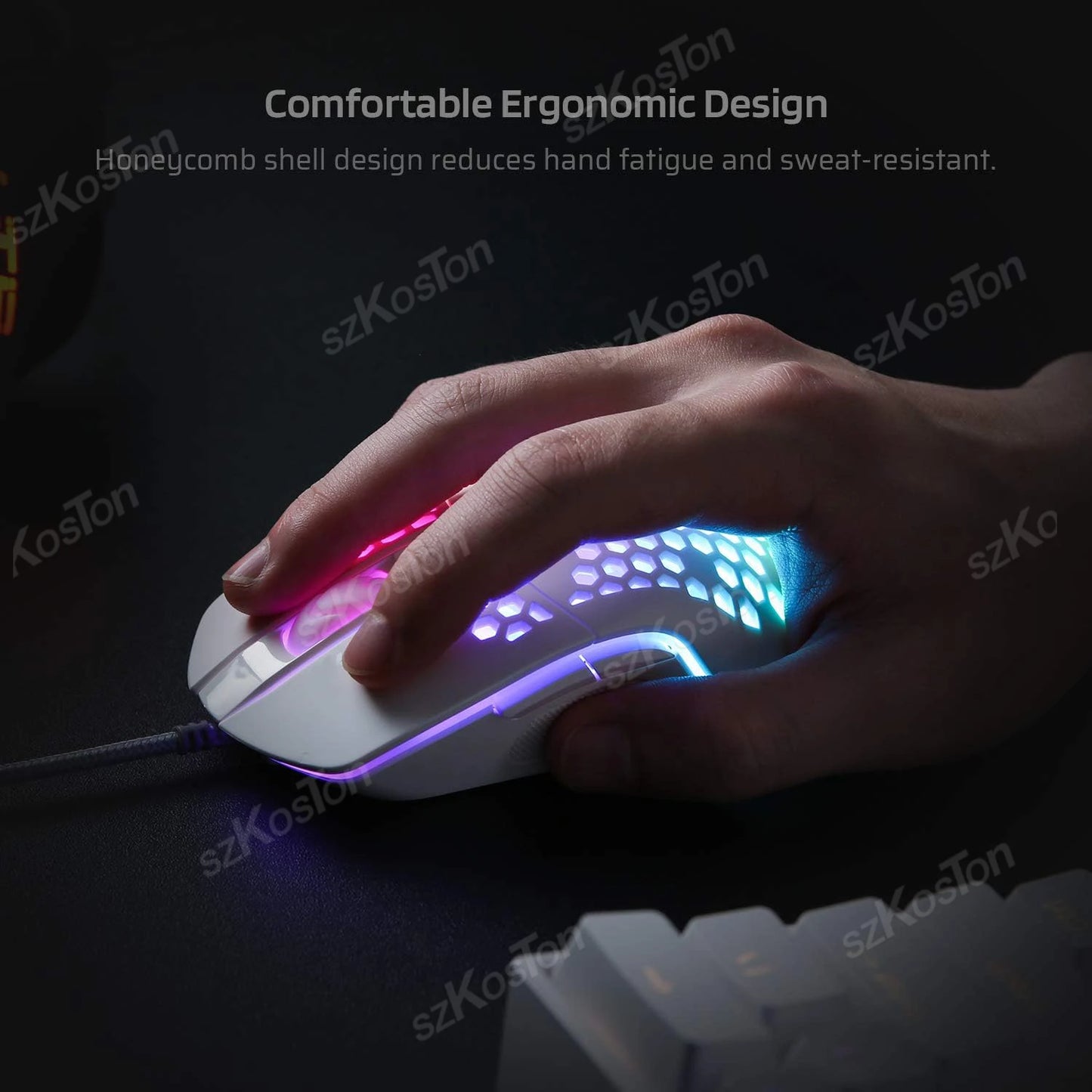 Souris gaming avec ou sans Fil Honeycomb, rétroéclairage RGB, 7200 DPI réglable, ergonomique, USB, pour PC et ordinateurs portables Windows.