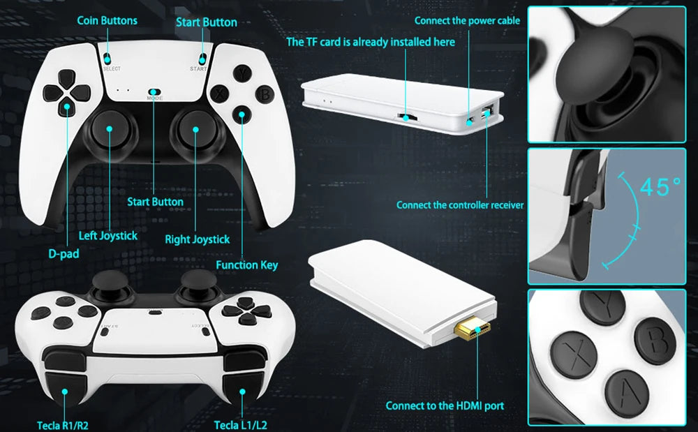 Jeux vidéo TV 4K M15 avec 64 Go de mémoire intégrée, 3 jeux et plus de 40 000 titres rétro, manettes sans fil et compatible avec plus de 20 émulateurs pour jeux sur TV HD.