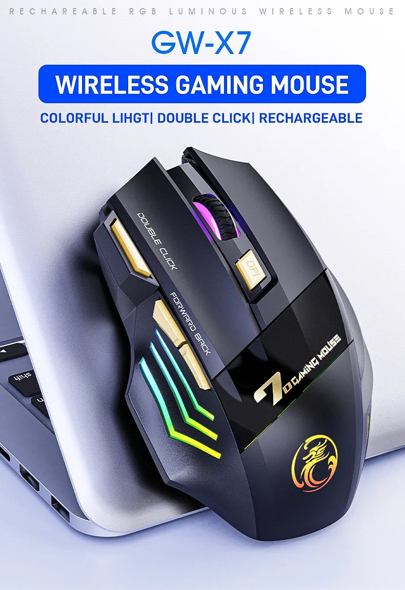 Souris gaming sans fil USB IMICE GW-X7 3200 DPI, double mode, rechargeable, 7 boutons, 2,4 GHz, silencieuse, Bluetooth, LED respirante 7 couleurs