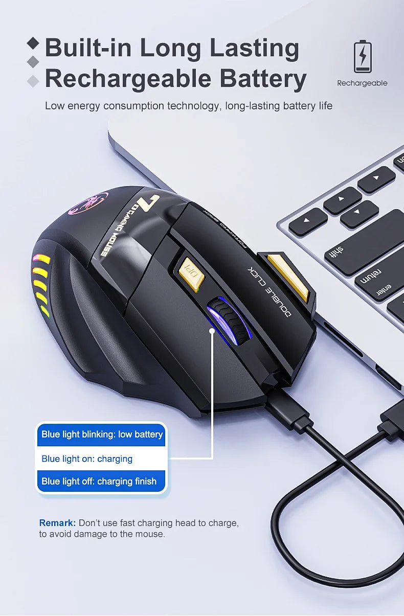 Souris gaming sans fil USB IMICE GW-X7 3200 DPI, double mode, rechargeable, 7 boutons, 2,4 GHz, silencieuse, Bluetooth, LED respirante 7 couleurs