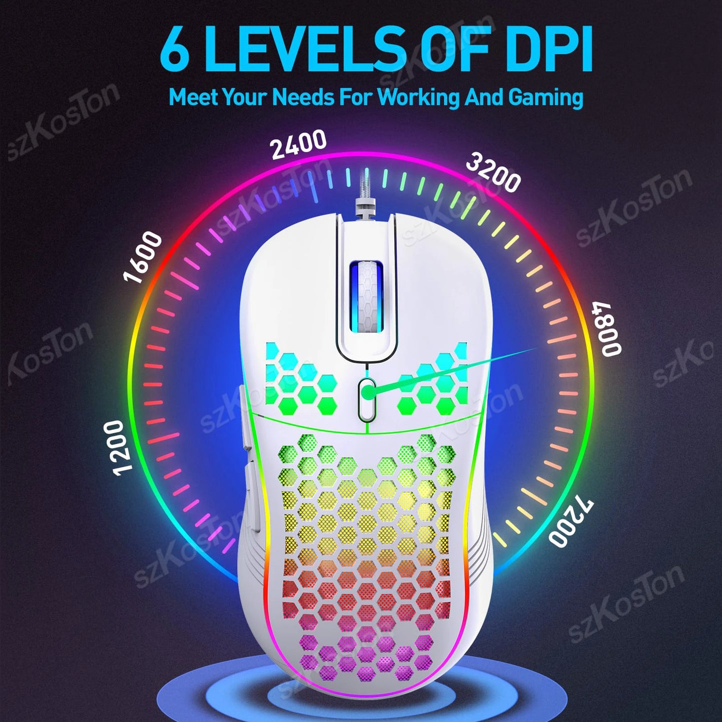 Souris gaming avec ou sans Fil Honeycomb, rétroéclairage RGB, 7200 DPI réglable, ergonomique, USB, pour PC et ordinateurs portables Windows.