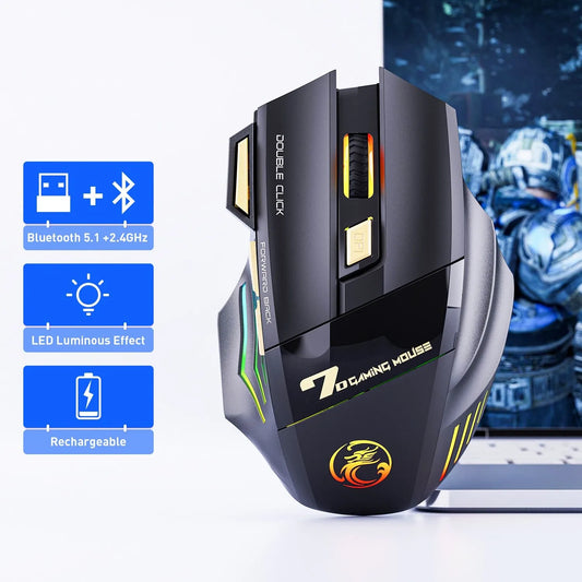 Souris gaming sans fil USB IMICE GW-X7 3200 DPI, double mode, rechargeable, 7 boutons, 2,4 GHz, silencieuse, Bluetooth, LED respirante 7 couleurs