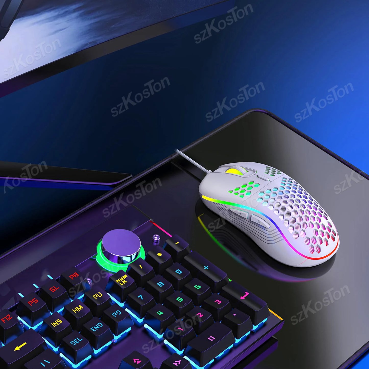 Souris gaming avec ou sans Fil Honeycomb, rétroéclairage RGB, 7200 DPI réglable, ergonomique, USB, pour PC et ordinateurs portables Windows.