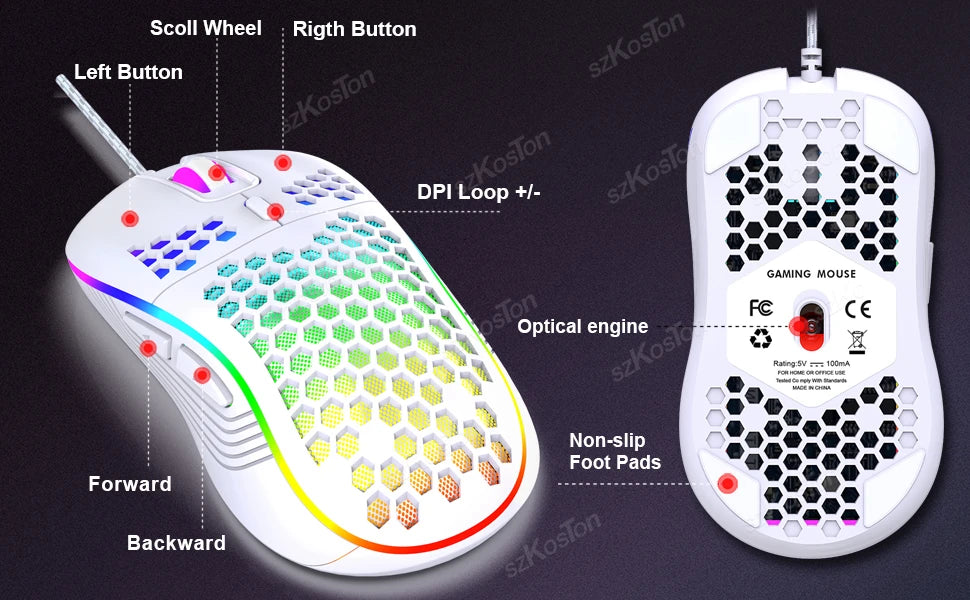 Souris gaming avec ou sans Fil Honeycomb, rétroéclairage RGB, 7200 DPI réglable, ergonomique, USB, pour PC et ordinateurs portables Windows.