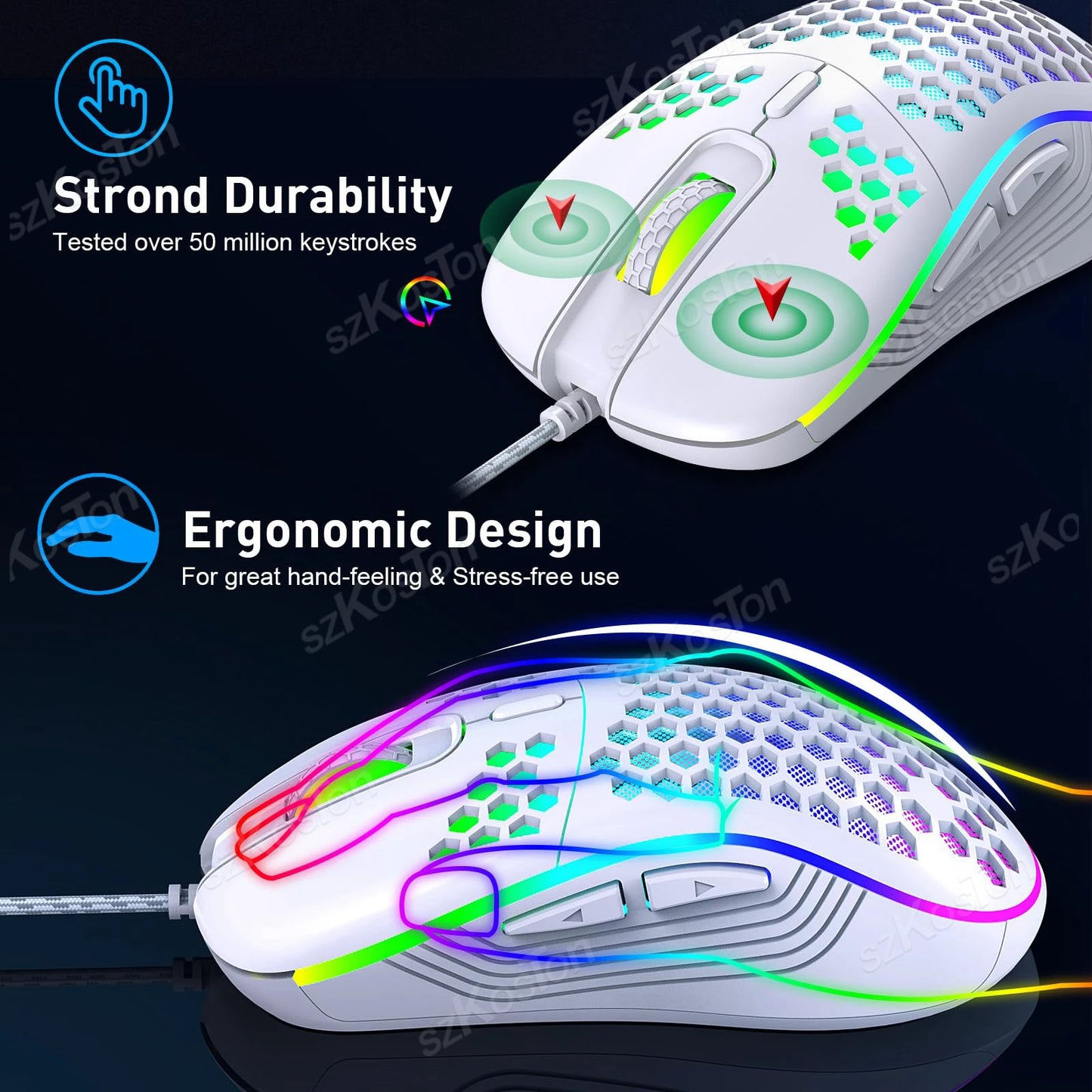 Souris gaming avec ou sans Fil Honeycomb, rétroéclairage RGB, 7200 DPI réglable, ergonomique, USB, pour PC et ordinateurs portables Windows.