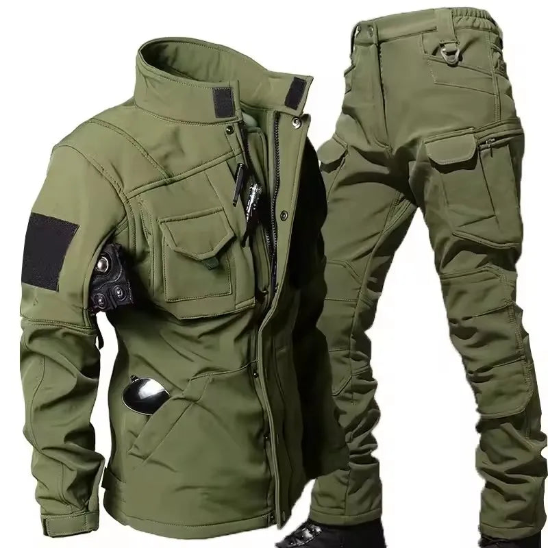 Ensemble tactique imperméable en peau de requin pour homme : veste de combat épaisse en polaire + pantalon cargo chaud coupe-vent (2 pièces).