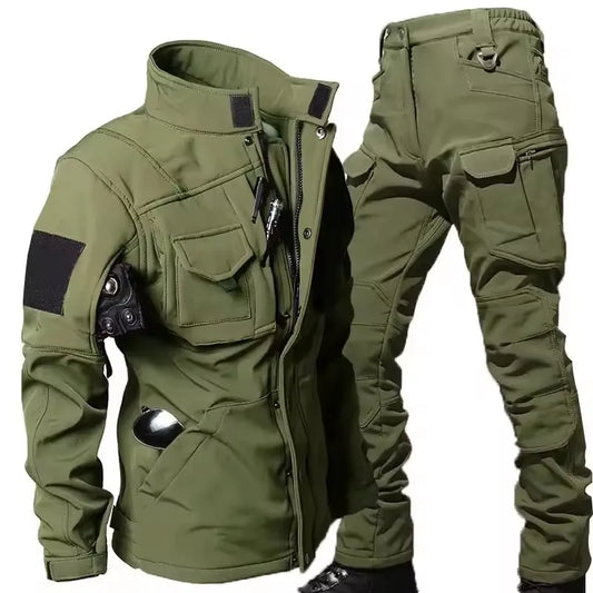 Ensemble tactique imperméable en peau de requin pour homme : veste de combat épaisse en polaire + pantalon cargo chaud coupe-vent (2 pièces).