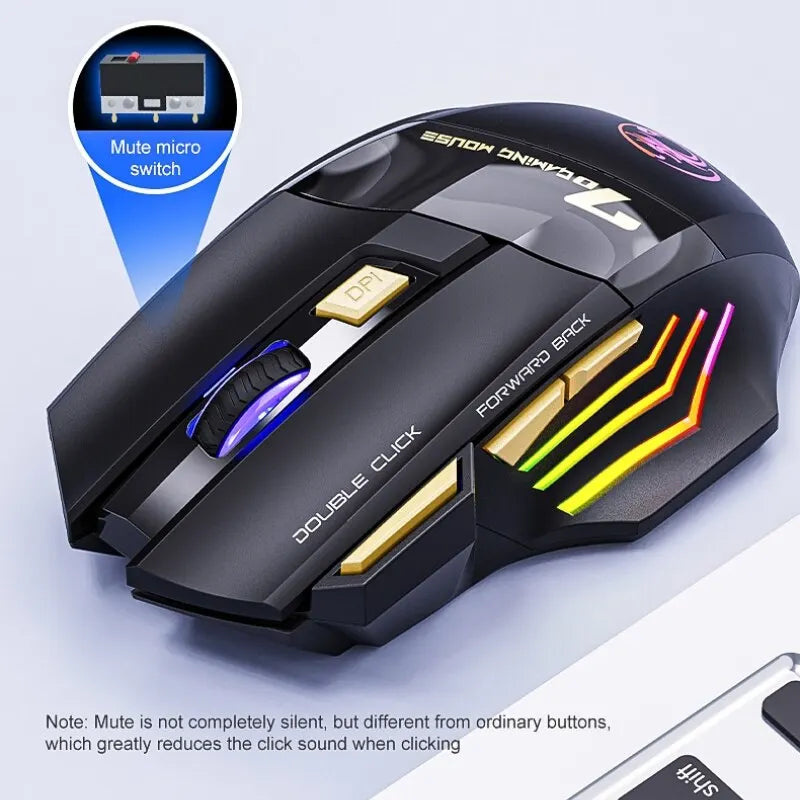 Souris gaming sans fil USB IMICE GW-X7 3200 DPI, double mode, rechargeable, 7 boutons, 2,4 GHz, silencieuse, Bluetooth, LED respirante 7 couleurs