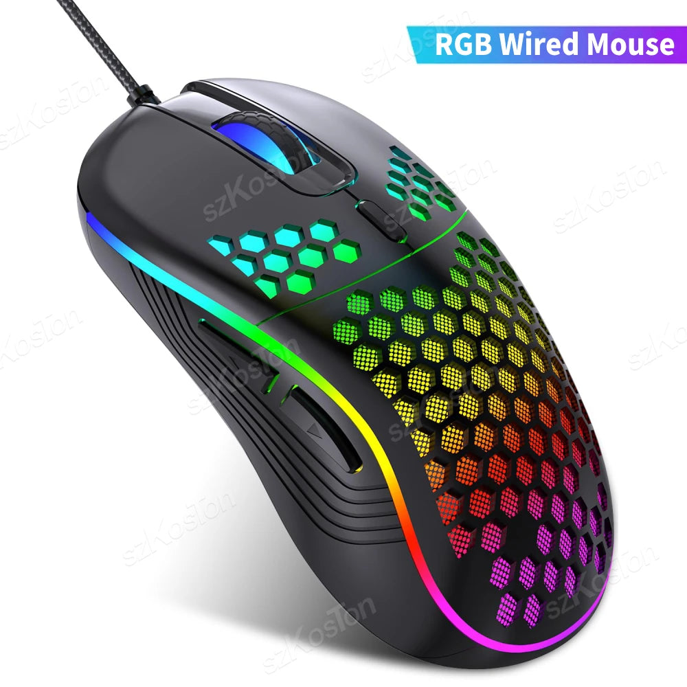 Souris gaming avec ou sans Fil Honeycomb, rétroéclairage RGB, 7200 DPI réglable, ergonomique, USB, pour PC et ordinateurs portables Windows.