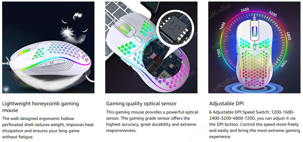 Souris gaming avec ou sans Fil Honeycomb, rétroéclairage RGB, 7200 DPI réglable, ergonomique, USB, pour PC et ordinateurs portables Windows.