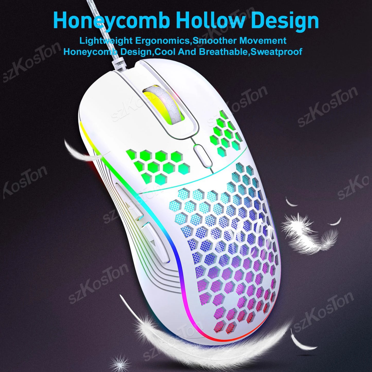 Souris gaming avec ou sans Fil Honeycomb, rétroéclairage RGB, 7200 DPI réglable, ergonomique, USB, pour PC et ordinateurs portables Windows.