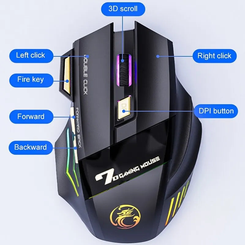 Souris gaming sans fil USB IMICE GW-X7 3200 DPI, double mode, rechargeable, 7 boutons, 2,4 GHz, silencieuse, Bluetooth, LED respirante 7 couleurs