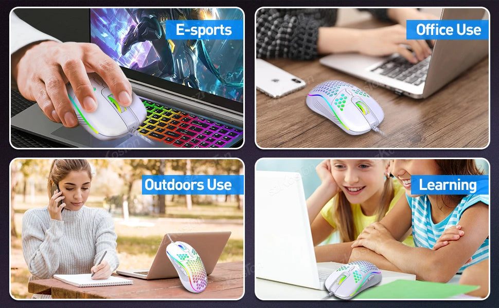Souris gaming avec ou sans Fil Honeycomb, rétroéclairage RGB, 7200 DPI réglable, ergonomique, USB, pour PC et ordinateurs portables Windows.