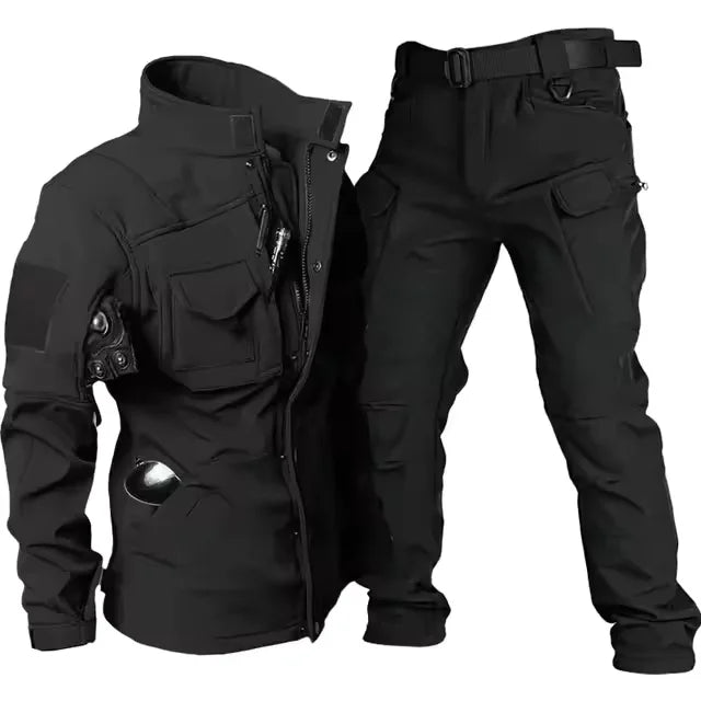 Ensemble tactique imperméable en peau de requin pour homme : veste de combat épaisse en polaire + pantalon cargo chaud coupe-vent (2 pièces).